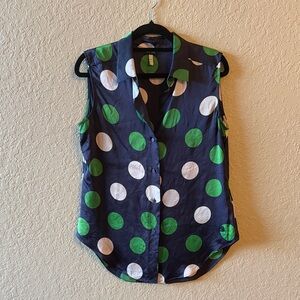Armani Jeans Navy Silk Blouse with Green and White Polka Dots